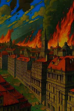 A close-up view of a burning city and destroyed buildings in the colors of Van Gogh's paintings