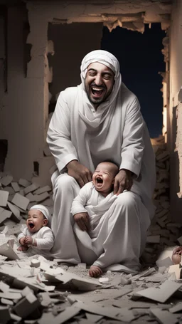 Hyper Realistic Arab leaders laughing on a crying baby in a destroyed house with broken walls at night