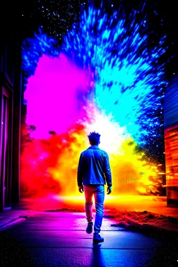 Young man walking away from a building that is exploding at night, with coloured auras all around him