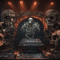 DJ of the damnded, insanely detailed DJ booth in hell, MID set, speakers and equipment made of bone, anatomically correct, add more skulls in th audience, photorealism, vray, 8k 3d