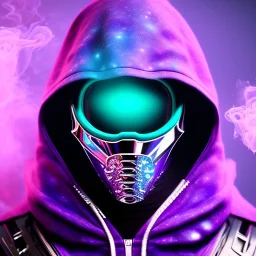 purple galaxy masked hooded super villain, weapons in hands, teal and purple smoke, full portrait, hyper realistic, 4k