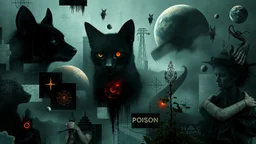 Digital collage of various images and elements such as animal faces, shadows, planets, fog, abstract symbols, haze, plants, maps, strange things, poison. The collage consists of distorted and glitchy shapes and layers, creating a feeling of confusion and horror. Deep, dark colors, surreal mood, Images and elements are related to the themes of surrealism, paranoia, thriller and conspiracy, nightmare.