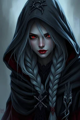 Female woman dark elf sorcerer sorceress sorceress white hair, gray skin, red eyes, drow, dungeons and dragons, shadow hooded mean evil mad braid