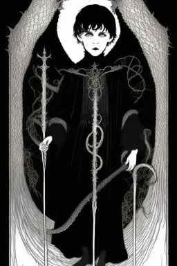 7 year old boy, necromancer, friendly, looks dead,with a lamprey serpent , wearing black robes, in the style of Harry Clarke