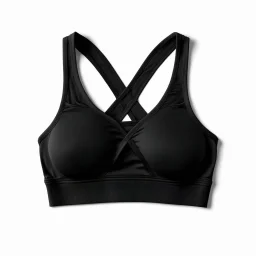 Folded Cross-back sport bra, top view, flat lay, realistic, active wear, black seamless material