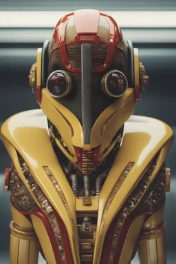 Alien retro computer robot portrait photo, pastel colors, yellow, red, photographed by Daria Endresen, film still from Alejandro Jodorowsky, medium shot fashion, award winning photography, arty pose, fashion, high definition, high resolution, muted colors , volumetric lighting, 8k, 3d render