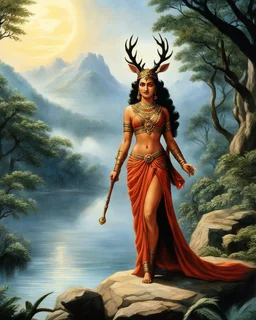[high res photo by Ray Harryhausen] Draupadi utilized her divine grace and mystical abilities to transform her appearance and take on the guise of a deer. in a sparkling cloud of magic, her supernatural powers Draupadi is able to cloak herself in the form of a deer, blending seamlessly with the forest surroundings as she ventured towards the lake to fetch water and save Yudhishthira.