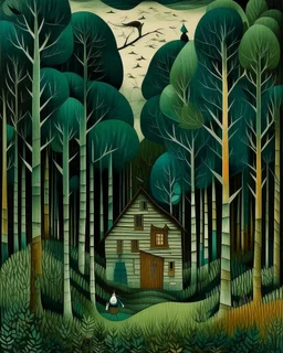 A blackish teal forest with a cozy cabin designed in German folk art painted by Henri Rousseau