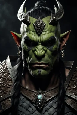 portrait of an orc king.braided hair and unique eyes. grimacing. Half of his head is shaved. wearing ornaments. Carrying a battleaxe. High resolution. 4K. 8K. Dark Fantasy style.