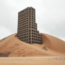 Fotografia di un grande edificio moderno brutalista, che sembra un grattacielo, parzialmente sommerso in una collinetta di sabbia o terra. La struttura sembra essere erosa o inglobata dal paesaggio naturale, come se il tempo o l'ambiente avessero iniziato a "riassorbirla". L'atmosfera è desolata e surreale, con un ambiente circostante spoglio e sabbioso, che trasmette un senso di abbandono o isolamento.