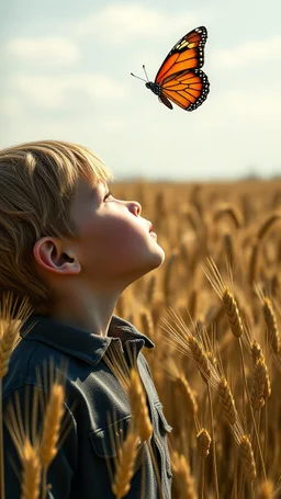 Extremely realistic photo of young boy ,looking up at a colourful Butterfly, standing among big fields of barley in sunny day, (Rembrandt Lighting), zeiss lens, ultra realistic, (high detailed skin:1.2), 8k uhd, dslr, Dramatic Rim light, high quality, Fujifilm XT3, artwork in pale distressed tones , minimalistic approach, blends old world aesthetics art with elements of distressed painting and illustration, shadow play, high conceptuality, palette inspired by Charlene Mc Nally, Carne