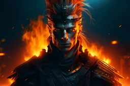 Portrait roi guerrier cyberpunk, incendie en arrière plan