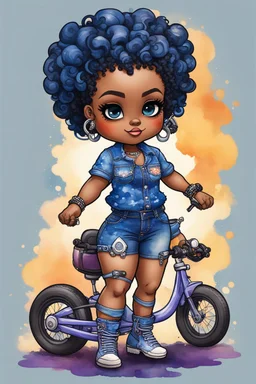 create an watercolor illustration of a chibi cartoon voluptuous black female wearing a blue jean outfit with a tie dye tshirt with biker boots. Prominent make up with hazel eyes. Extremely highly detail of a tight curly black bantu knots. Background of a bike show