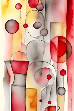 Abstract watercolour in the style of Paul Klee and Barbara Hepworth in red,grey and gold on watercolour background