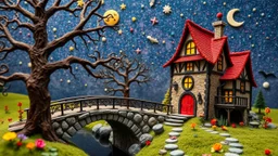 Photograph hasselblad h6d400c --ar 85:128 --v 6.0 of a fairy old bridge, tree, old bewitched house, made of felt, art, 3d deep field, Joan Miró, wide angle landscape scene, galaxies, creepy, needlepoint, abstract silhoutte, expressionist style, colorful holiday