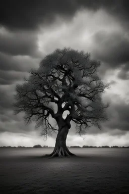 conceptual photo, art photo, illusion, fine art, death, dark cloudy sky, surrealism, black and white, single tree, chestnut tree, distant view