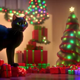 black Cat tangled up in christmas tree lights holiday