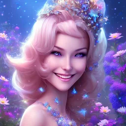 très jolie femme fée souriante , monde en fleurs, rivière , étoiles , concept art, crépuscule , bleu , vibrant Color, réaliste