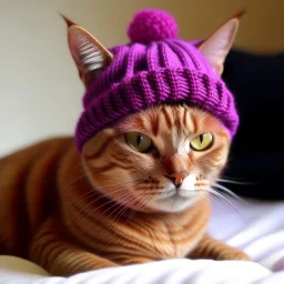 red cat wearing a purple hat