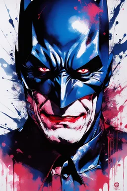 Poster, split in half, one side "batman", other side "joker", midline of the face, painting by Yoji Shinkawa, dark blue and red pink detailed iridescent, metallic, translucent, dramatic lighting, hyper futuristic, digital art,