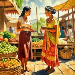 2 mexican woman painting standing at a market looking at food neoclassism whole body zoom the sun