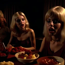 Horror movie shot, hot party, die, ultra realistic, dine, pastel, ultra chaos, realistic hot blonde women, pieces of meat, Caravaggio, monster, horn, satan, pieces of organs, hot, 1970's Italian horror movie, sinister, Dario Argento, Stanley Kubrik, ornate, 4k, photorealism