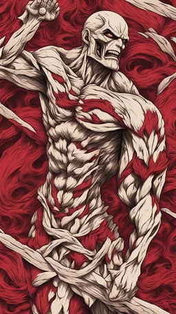 Create a captivating pattern inspired by the anime first Titan in Attack on Titan. The design should embody the essence of the inaugural Titan, capturing its colossal power and fearsome presence. Consider the intricate details of its transformation, incorporating the emotional undertones and brutal strength that define the Titan. Whether through stark lines or flowing curves red colors