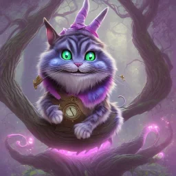 cheshire cat in a tree, leaning on a branch, wide grin, glowing eyes, pink and purple, alice in wonderland, signpost pointing in different directions