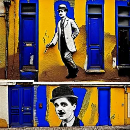 Candid photographs of the acter Charlie Chaplin on a wall in an alley of an ancient town, in a combined art style of generative art, calligraphic lines, rust debris, peeling yellow and blue paint, black and white portraits, distorted figures.