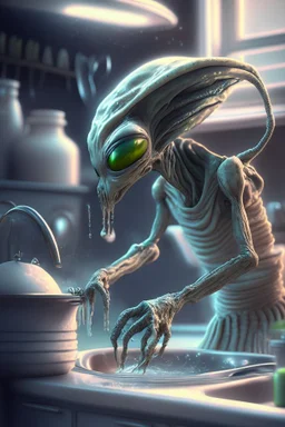 Alien doing the dishes ,highly detailed, artstation, sharp focus,4k