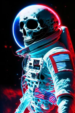 A close up of a skeleton face looking shocked, in an astronaut helmet and suit floating in space. inside the hollow eyes are red shining lights, scary. On his suit is an American flag and in his one hand is a small wavering American flag, on it is written "boned in the USA". From the back of his suit is blowing out blue, white and red smoke. Realistic, 8k, highly detailed, funny