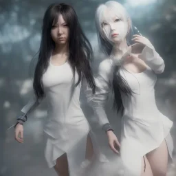 hitomi tanaka, dress white, long black hair, realistic, intriacte detail, sci-fi fantasy style, volumetric lighting, particales,highly detailed,cinamatic, deep colours,8k