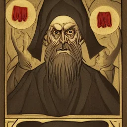 Nosferatu with four yellow eyes with fleshy tentacle hair beard grey skin and vampire fangs as a Russian Orthodox