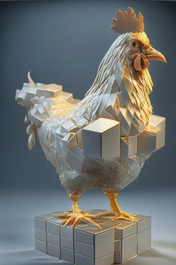 chicken completely made of perfect square cubes, hyper-realisitc cube detials and contours, meticulously intricate perfectly symmetrical extremely detailed, full body and melting details, dramatic pose, portrait, pixiv daily ranking, pixiv, extreme depth of field, artstation, sculpture style, spectacular details, volumetric lighting, masterpiece, cinematic, Hollywood production, 8k resolution high definition, max octane render, vivid colors, unreal engine