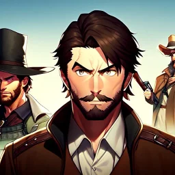 Portrait, Bearded, gunslinger, short brown hair, serious eyes, wild west Coat,