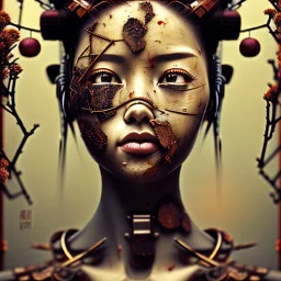 an abstract painting of rusted metal and japanese cherry blossoms, Geisha portrait, rust, scaffolding, iron cladding, decay, mixed media, textured, anatomically correct, beautiful perfect face, sharp focus, highly detailed 8k