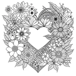 outline art for square heart surrounded flowers coloring page for kids, classic manga style, anime style, realistic modern cartoon style, white background, sketch style, only use outline, clean line art, no shadows, clear and well outlined