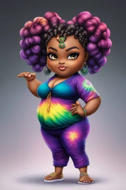 Create an airbrush image of a chibi black plus size female wearing a tie dye yoga outfit. Prominent make up with hazel eyes. Highly detail ombre Bantu knots. 2k