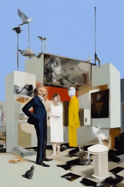 a cat and human flesh-like surgical instruments and universe-like a pigeon and neuralink, surrealism,minimalism,Painting By Adrian Ghenie, Rene Magritte, Salvador Dali, Lucian Freud