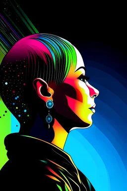 Make a portrait of a androgen bald woman face look up in profile silhouette, using earring, necklace, piercings,, futuristic style , outter space background, hightech colors, art deco style 2d, high resolurion