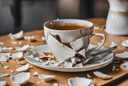 A shattered ceramic handle that is broken from a teacup, the handle is broken and in pieces on the table
