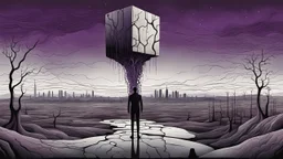 inner an giant block of amorphe stone of several layers a human figure stands alone , in outside around weird landscape with city in the distance, sharp lines, fade pale eyes, fade human figures in city, dark purple, gray, black, white, brown. Whimsical style and surreal vibe, lonely with absurd broken land, neuron network background, surreal nightmare vibe