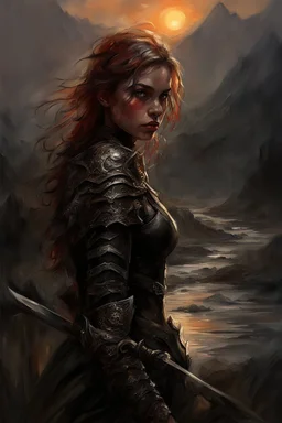 A formidable warrior girl in black armor, on the background Amazing gloomy landscape, flooded with sunset, mountains, trees, fabulous scary hero, , juicy emotions, painting, dark fantasy, gloomy day, dark world, portrait, by James Paick & Anna Razumovskaya