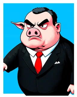 An image of a comic character of Iván Duque Márquez, fat, with a pig's nose and ears, in a suit, a little angry.