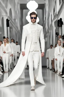 A guy on a winter fashion runway with moderna clothes inspired by Superman style, embroidery elegante fashion white tones