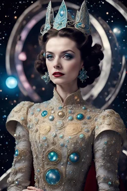 Austrian simbolism, hiper-realistic technicolor Vivien Leigh Princess wears a Star wars Surrealist avant-gard fashion gown, ornamental details, in space opera Stanley Kubrick movie style