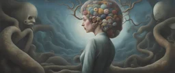 Brain makes the mind, mind makes the person. Concept art, Surrealism, horror, overexaggerated features, beautiful, detailed, landscape, vibrant, whimsical, ethereal, Tim burton, entangled, infinity, cosmic, colorful, hyperrealism, renaissance painting, metaphysical, laurie lipton, anthropomorphic character