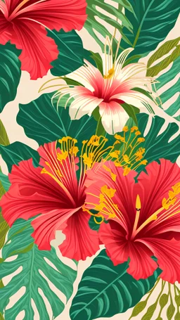 Beautiful vibrant vintage maximalist wallpaper, mid century floral, busy wallpaper, hundreds of huge blooms of Hawaiian hibiscus flowers and tropical leaves. Intricate details, hand drawn illustration. Gold accents, visible brushstrokes. Zoomed out, extremely detailed.