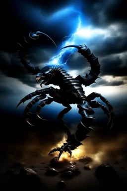 Black Scorpio emblem on a burning landscape background With its Tail curled up behind his back ready to strike and from claws grasping under a storming sky with blue lightening striking around it