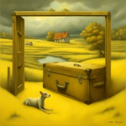 Surrealism in the style of Alex Alemany, a beach, an old open battered, dirty suit case sitting open near the water, inside the suitcase Kincaid landscape of a yellow farmhouse estate called Merrill House in Andover Maine, gate to a stormy valley in the middle of a meadow,Jean-Baptiste Monge style a surreal artwork that depicts a scene within a cracked open half-circular world. The edge of the circle is decorated with rocks and a tree that grows out of the sides..A group of elderly women walks a